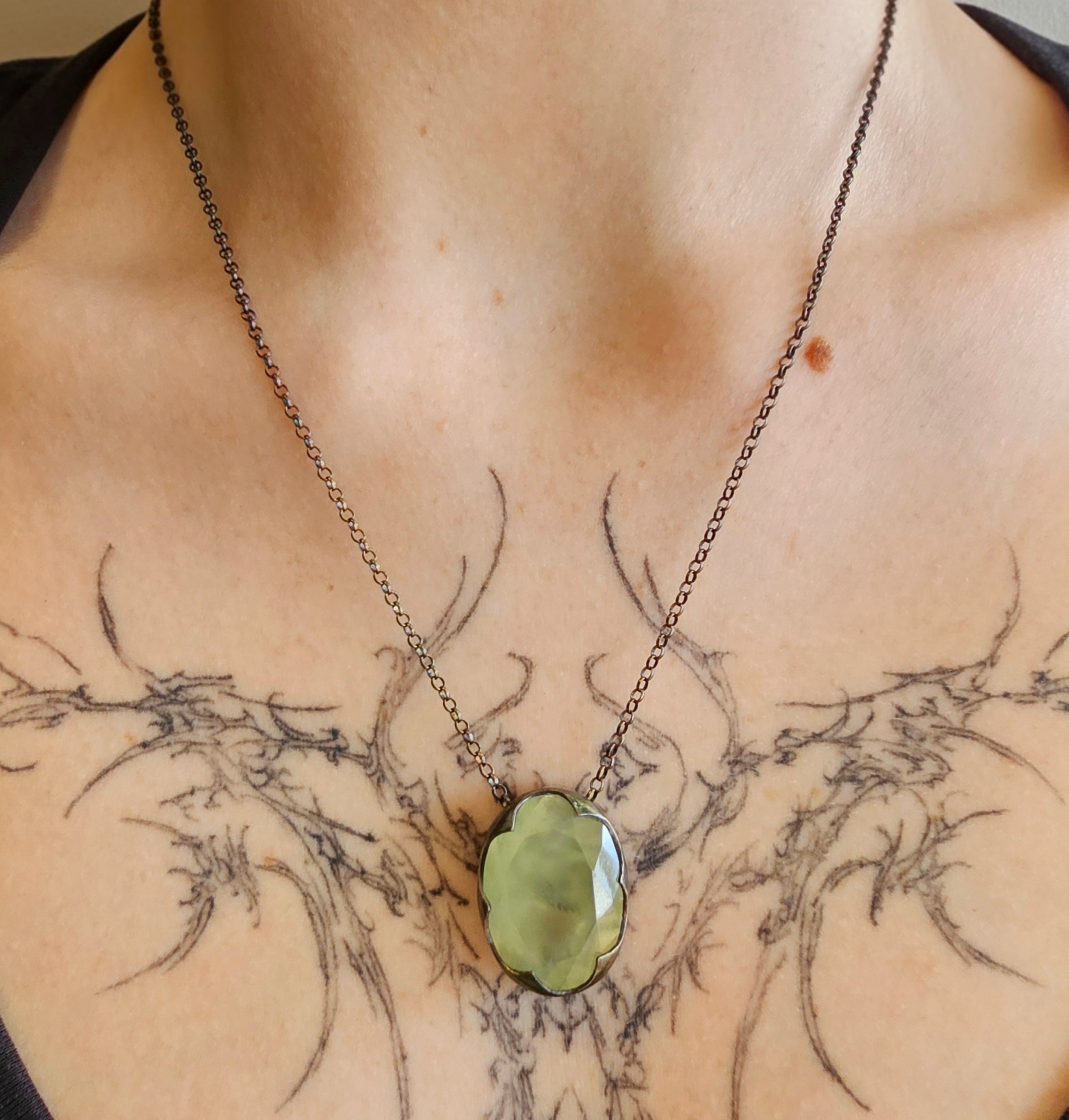 Prehnite & Dark Sterling Silver Pendant Necklace